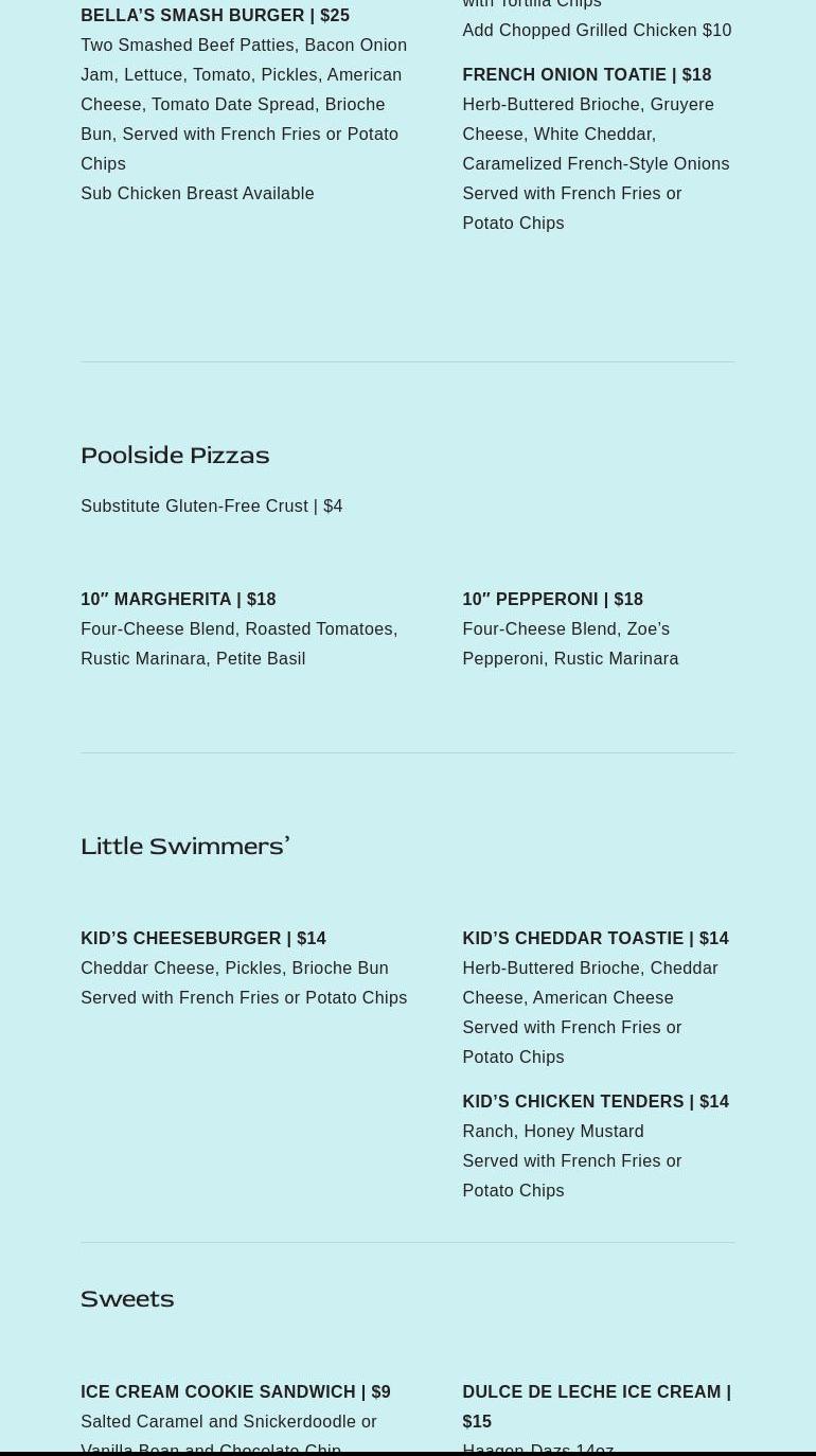 Bella’s Splash Pool Bar Menu