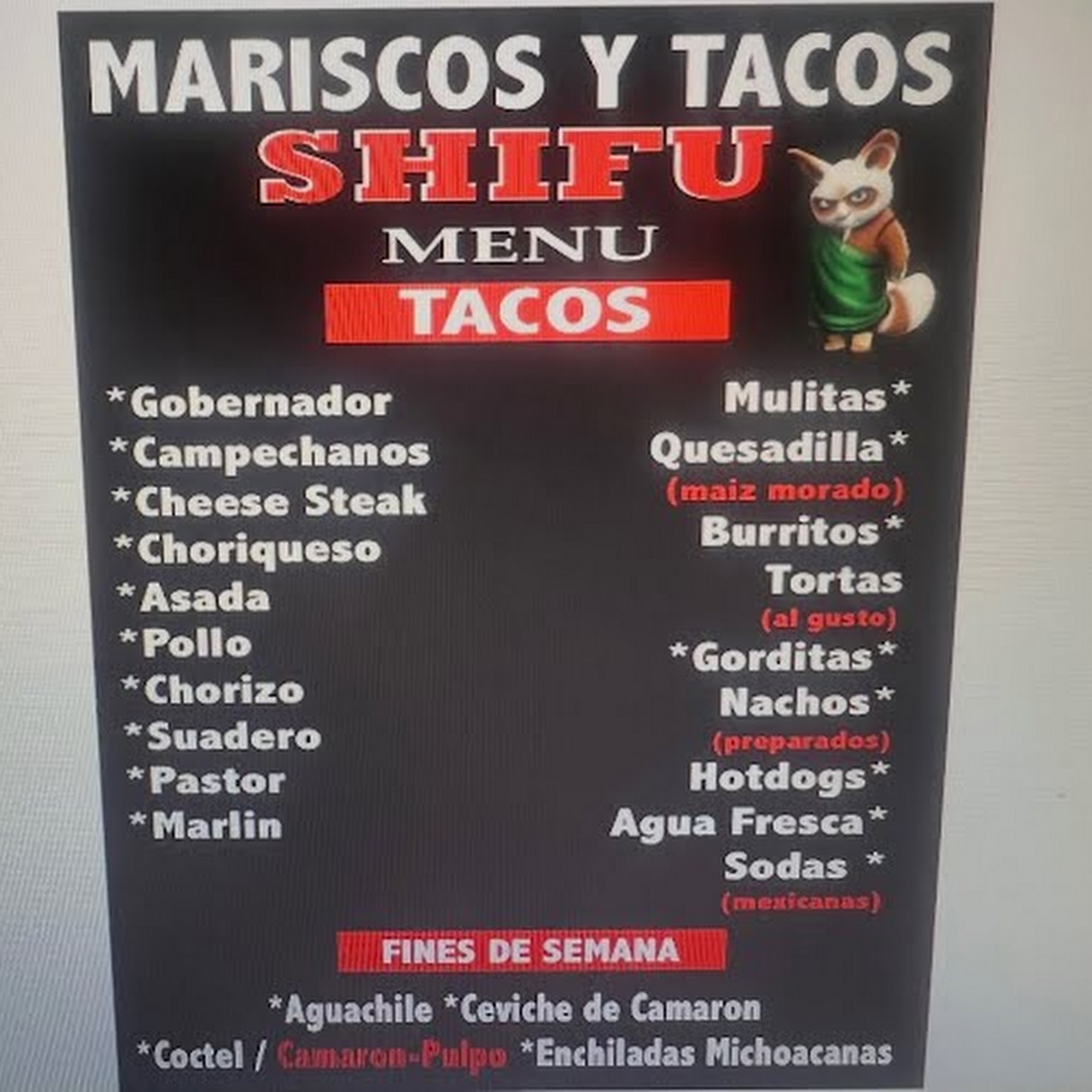 Mariscos y Tacos Shifu Menu