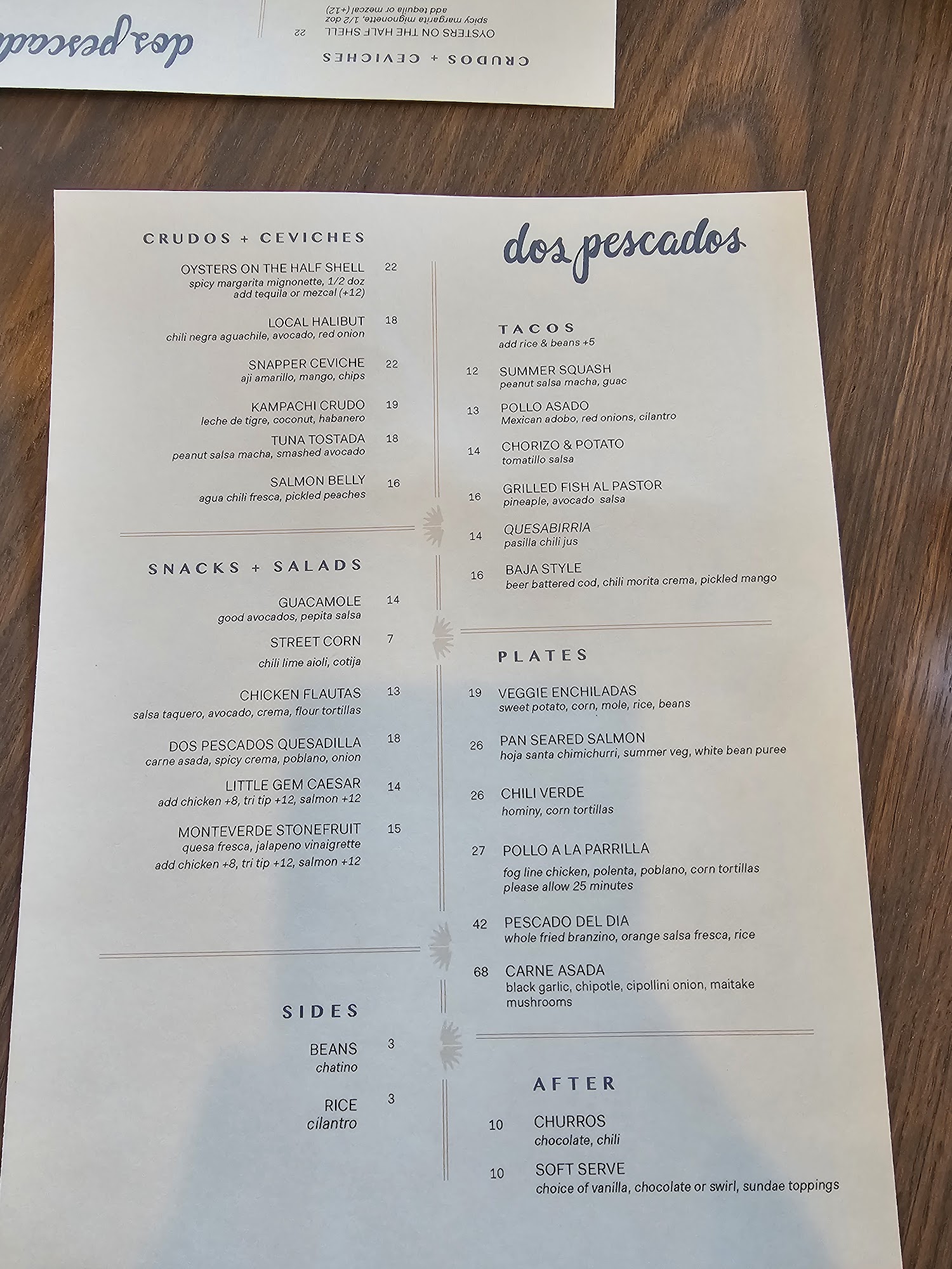 Dos Pescados Menu