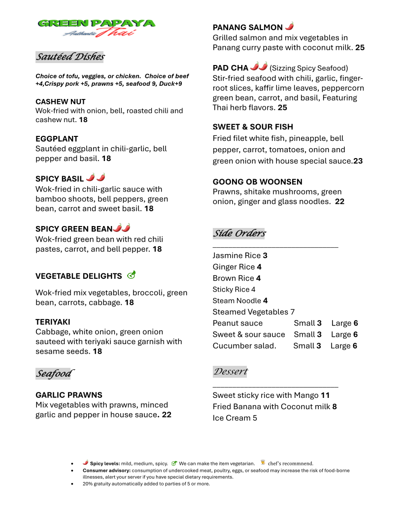 Green Papaya Authentic Thai Menu