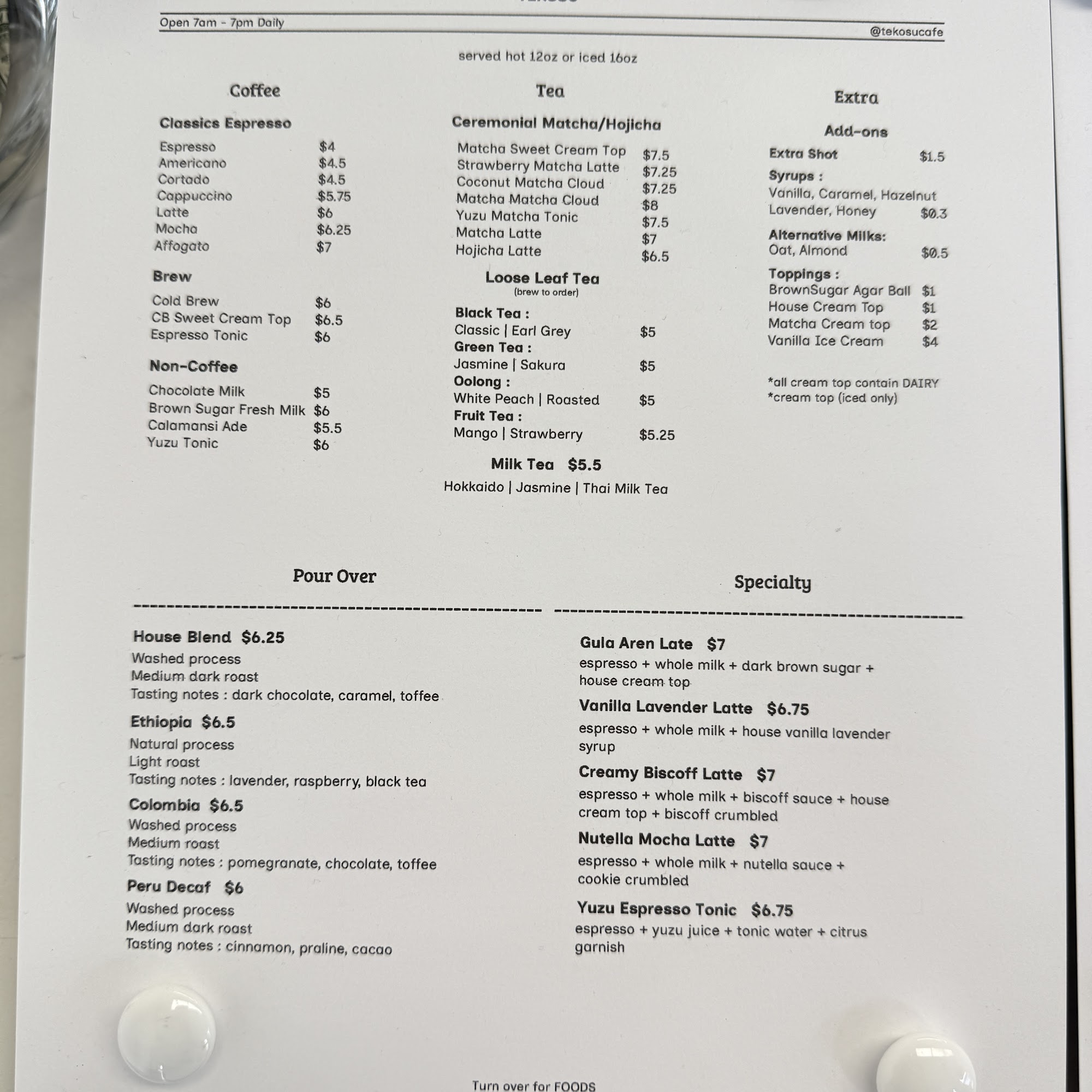 TEKOSU CAFE Menu