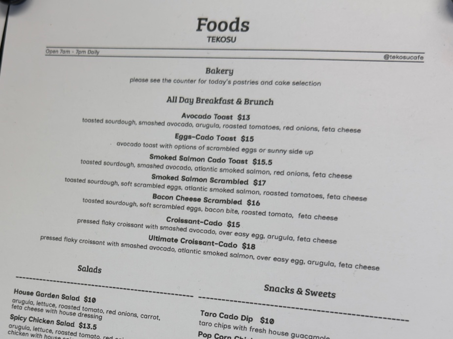 TEKOSU CAFE Menu