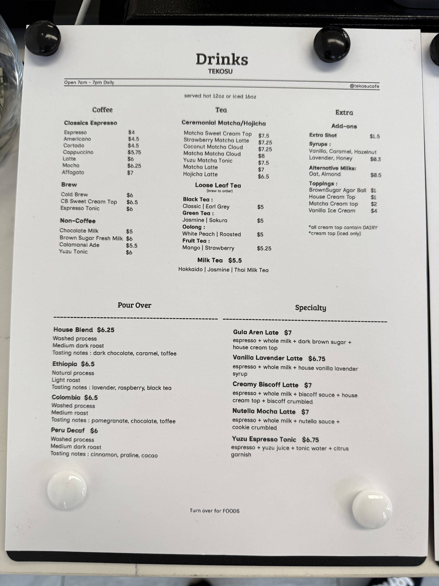 TEKOSU CAFE Menu