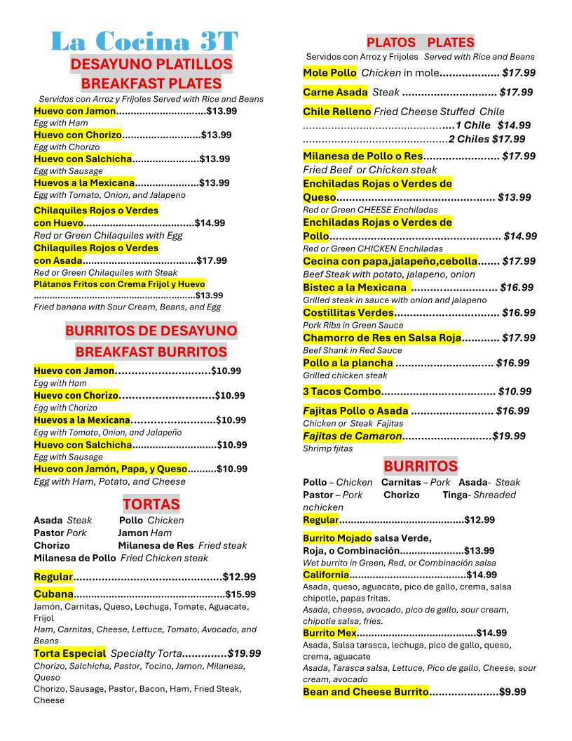 La Cocina 3T Menu