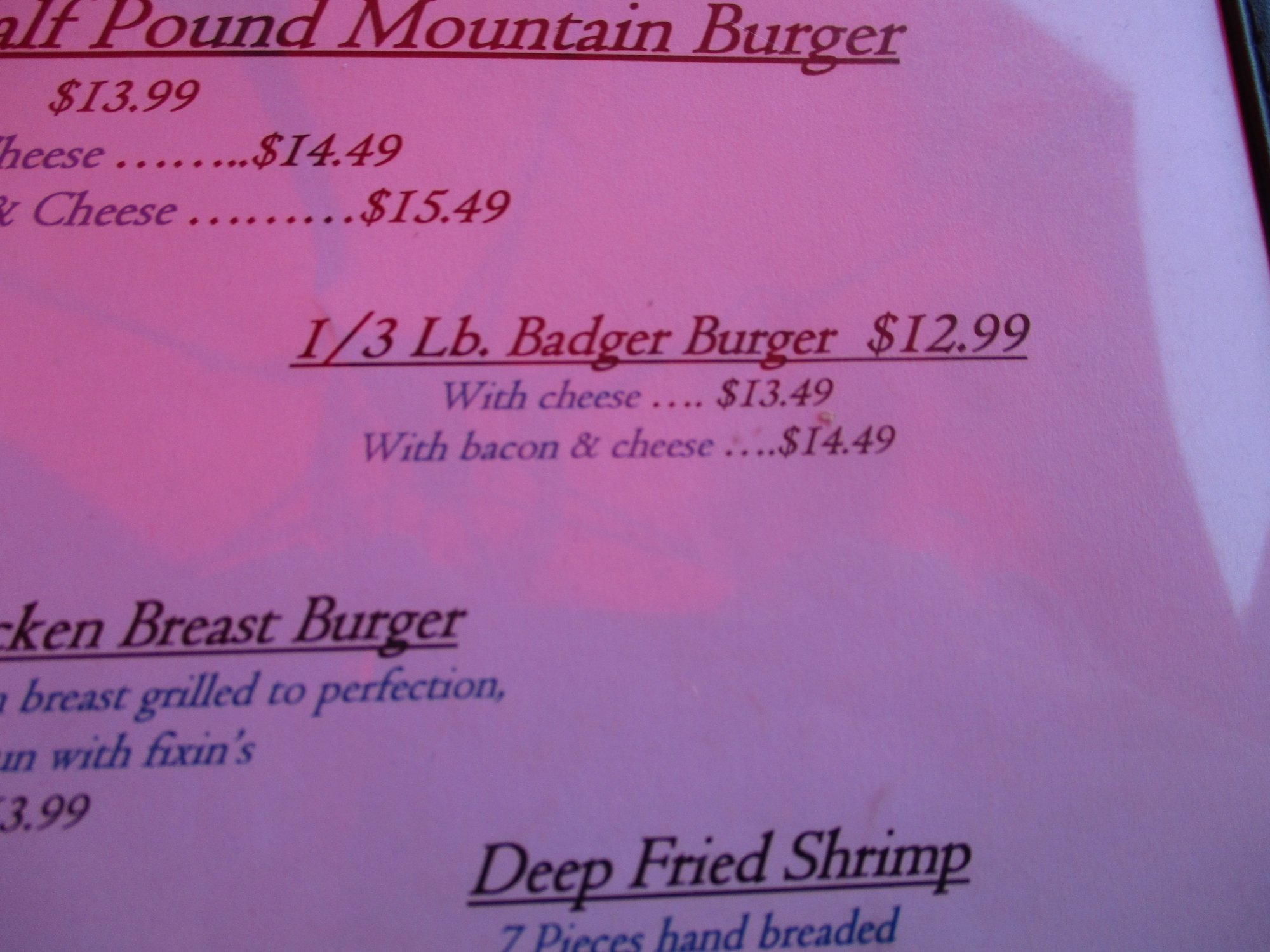 Baker Mountain House Menu