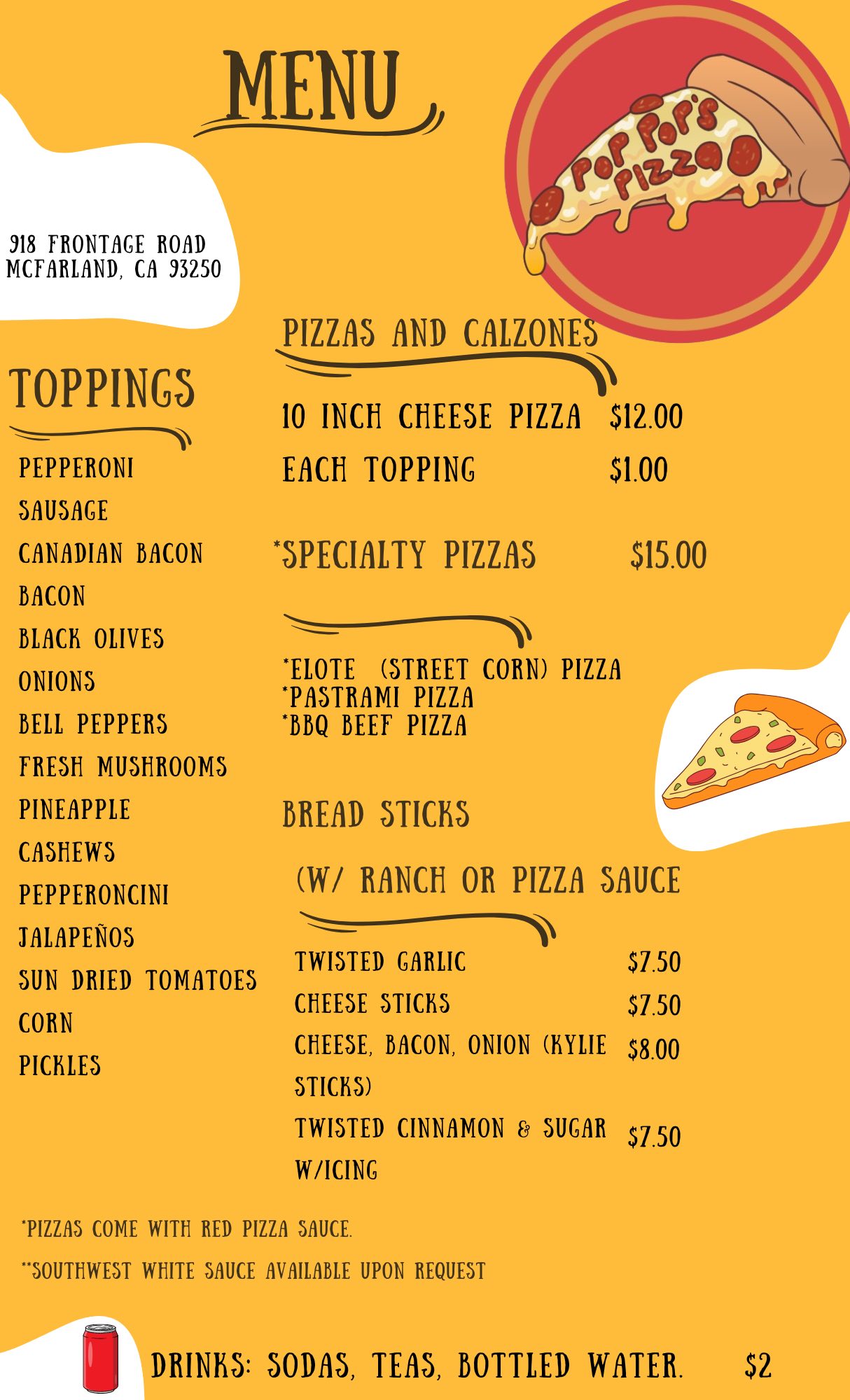 Pop Pop's Pizza Menu