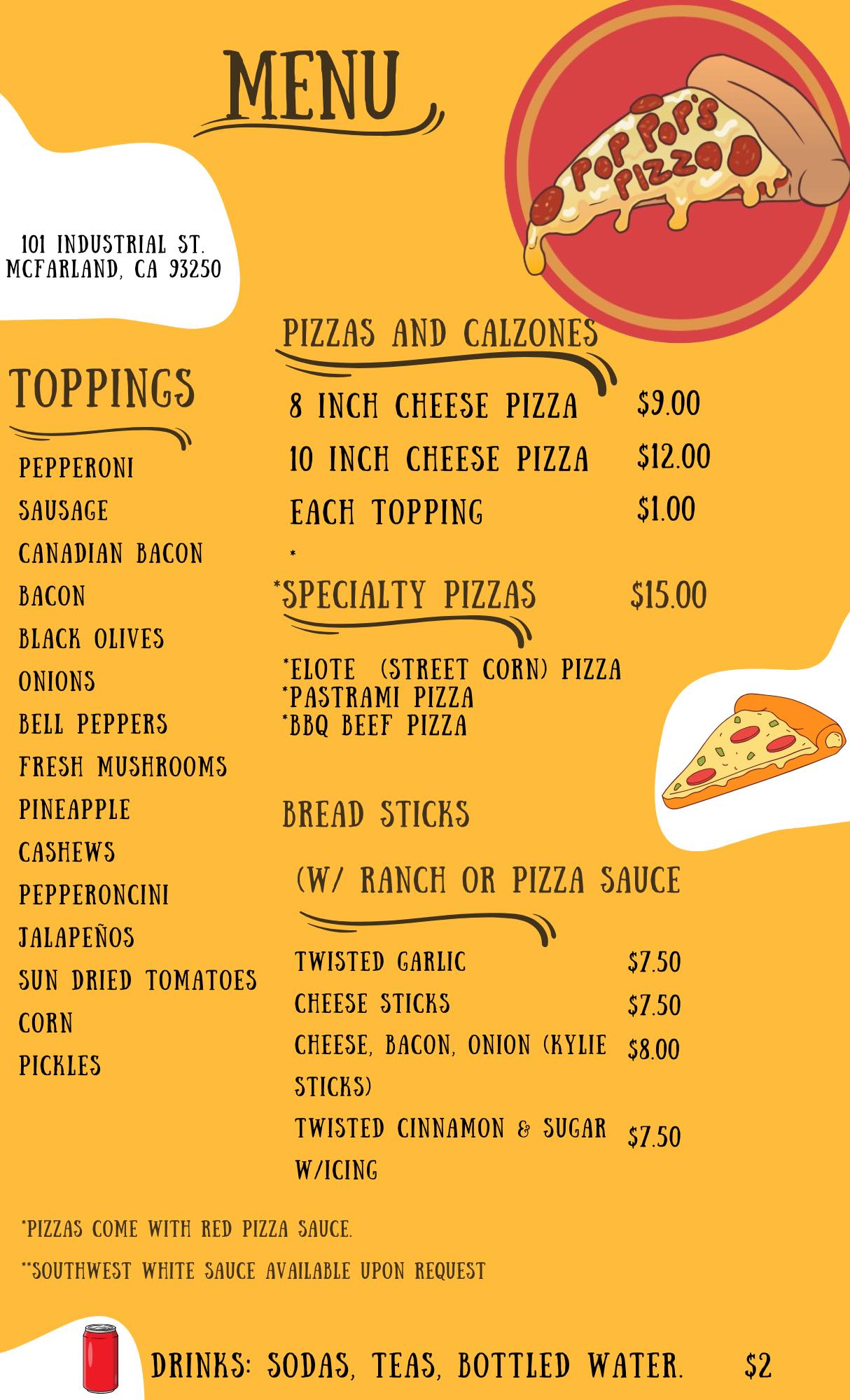 Pop Pop's Pizza Menu