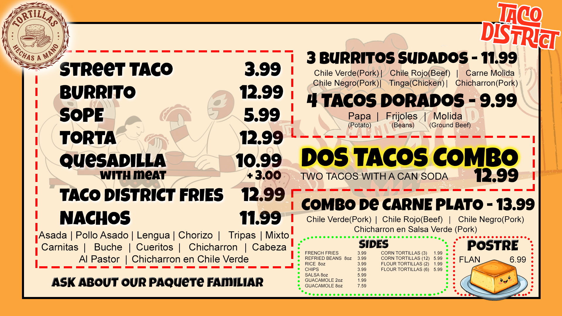 Taco District Carnitas y Más Menu