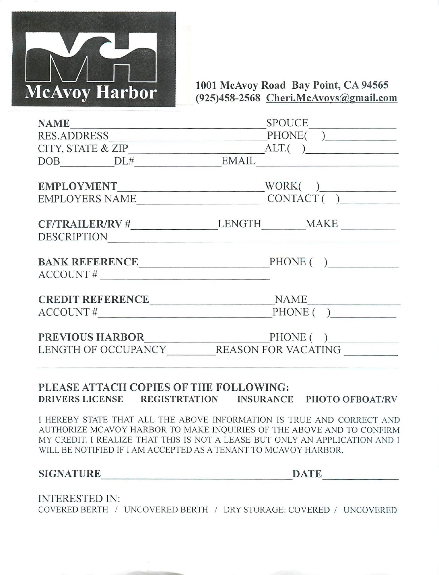 McAvoy Yacht Harbor Menu