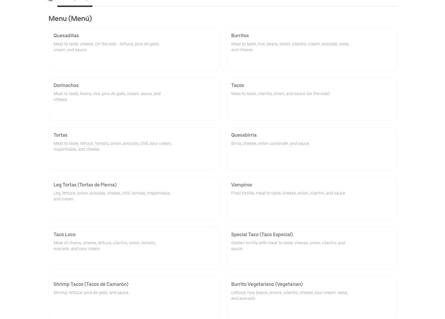 Taqueria el primo Menu