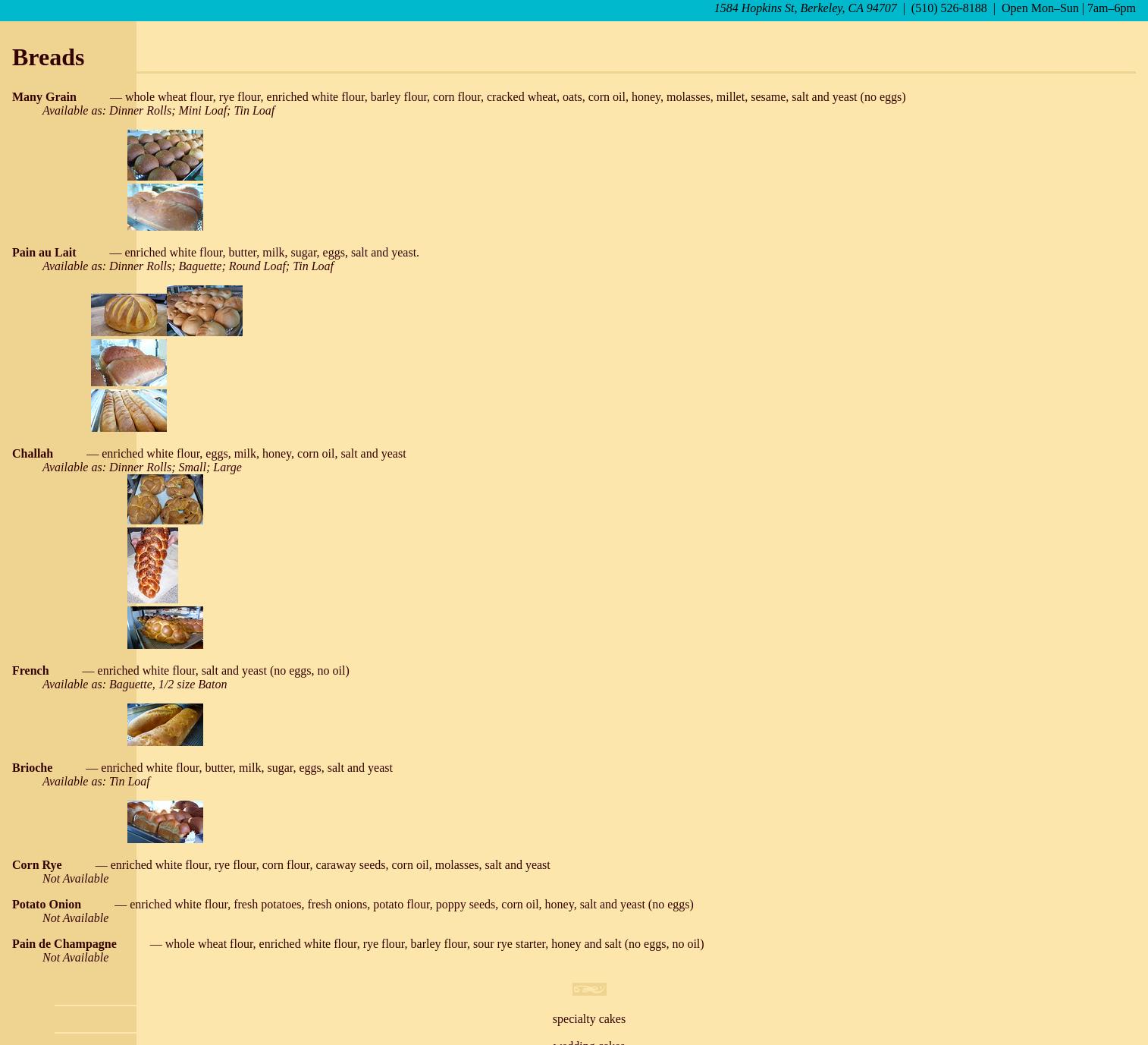Hopkins Street Bakery Menu
