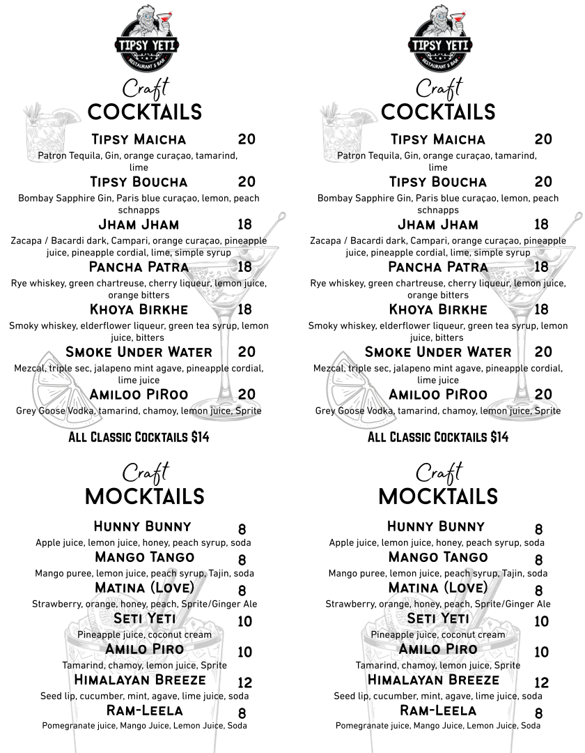 Tipsy Yeti Restaurant & Bar Menu