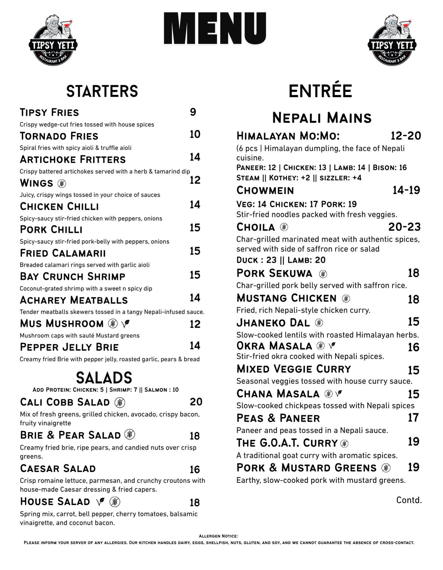 Tipsy Yeti Restaurant & Bar Menu