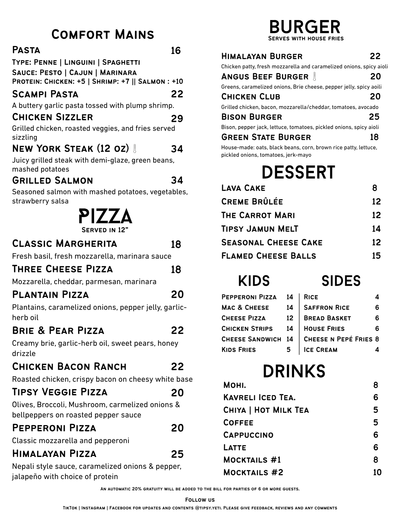 Tipsy Yeti Restaurant & Bar Menu