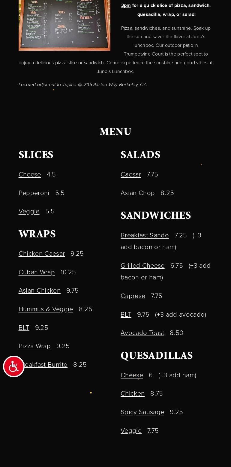 Juno's Lunchbox Menu