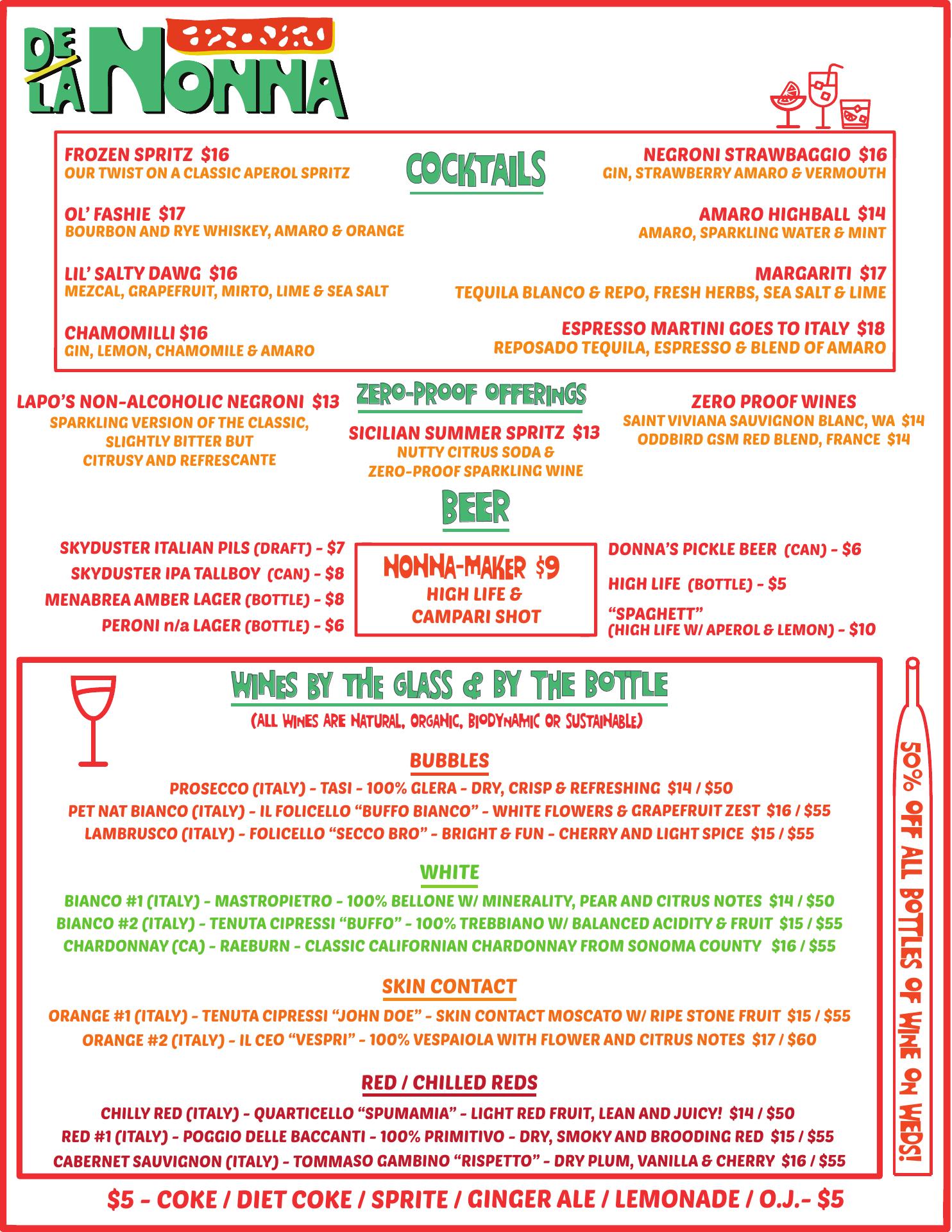 De La Nonna - Big Bear Menu