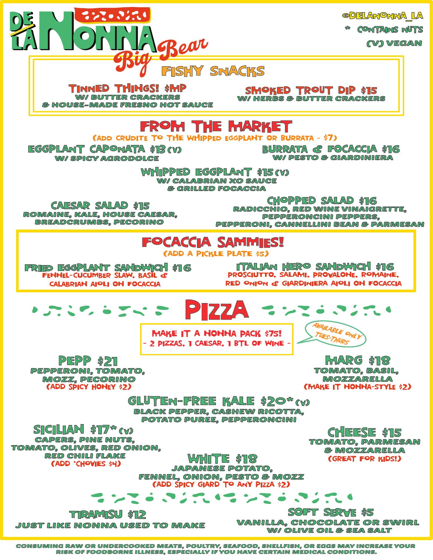 De La Nonna - Big Bear Menu