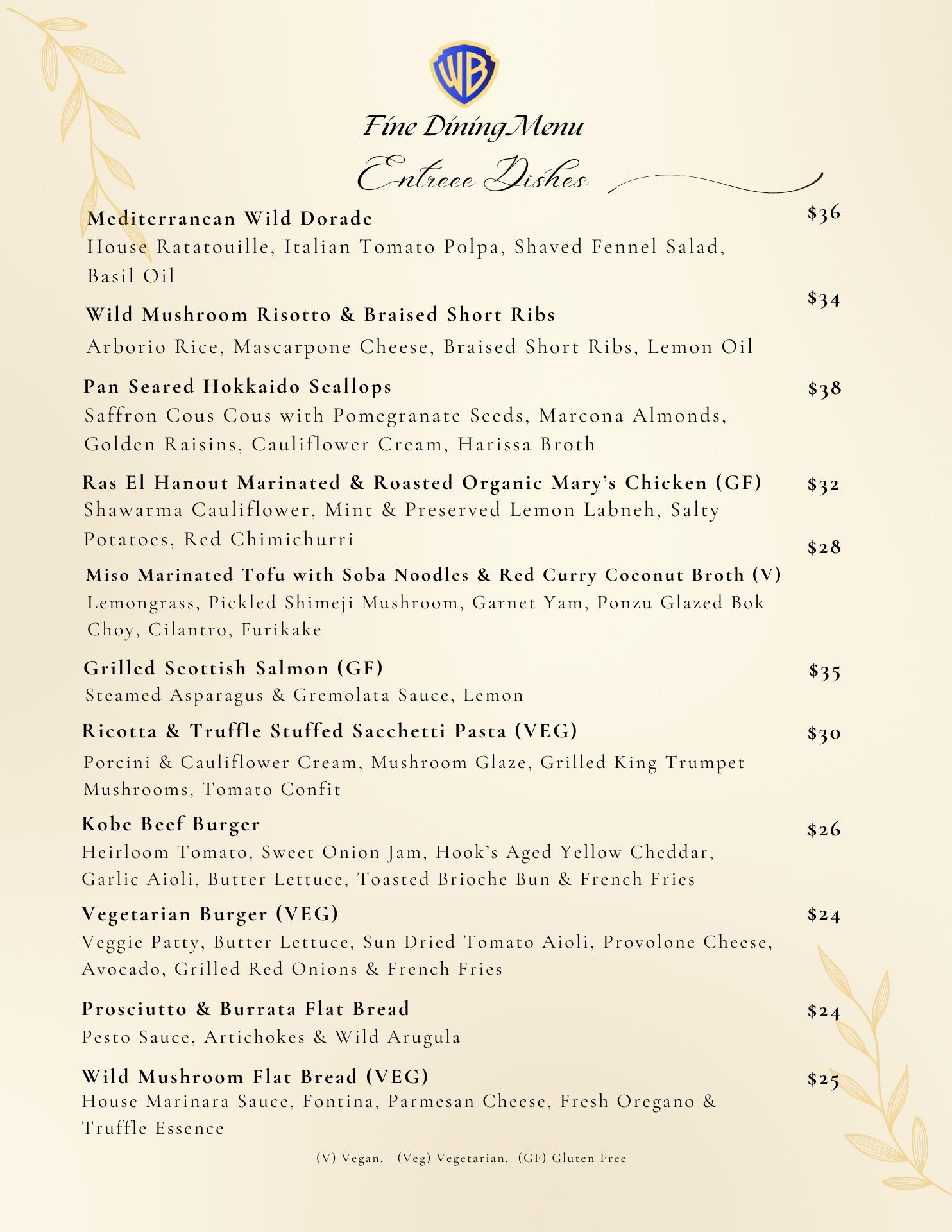 Warner Bros. Commissary Menu