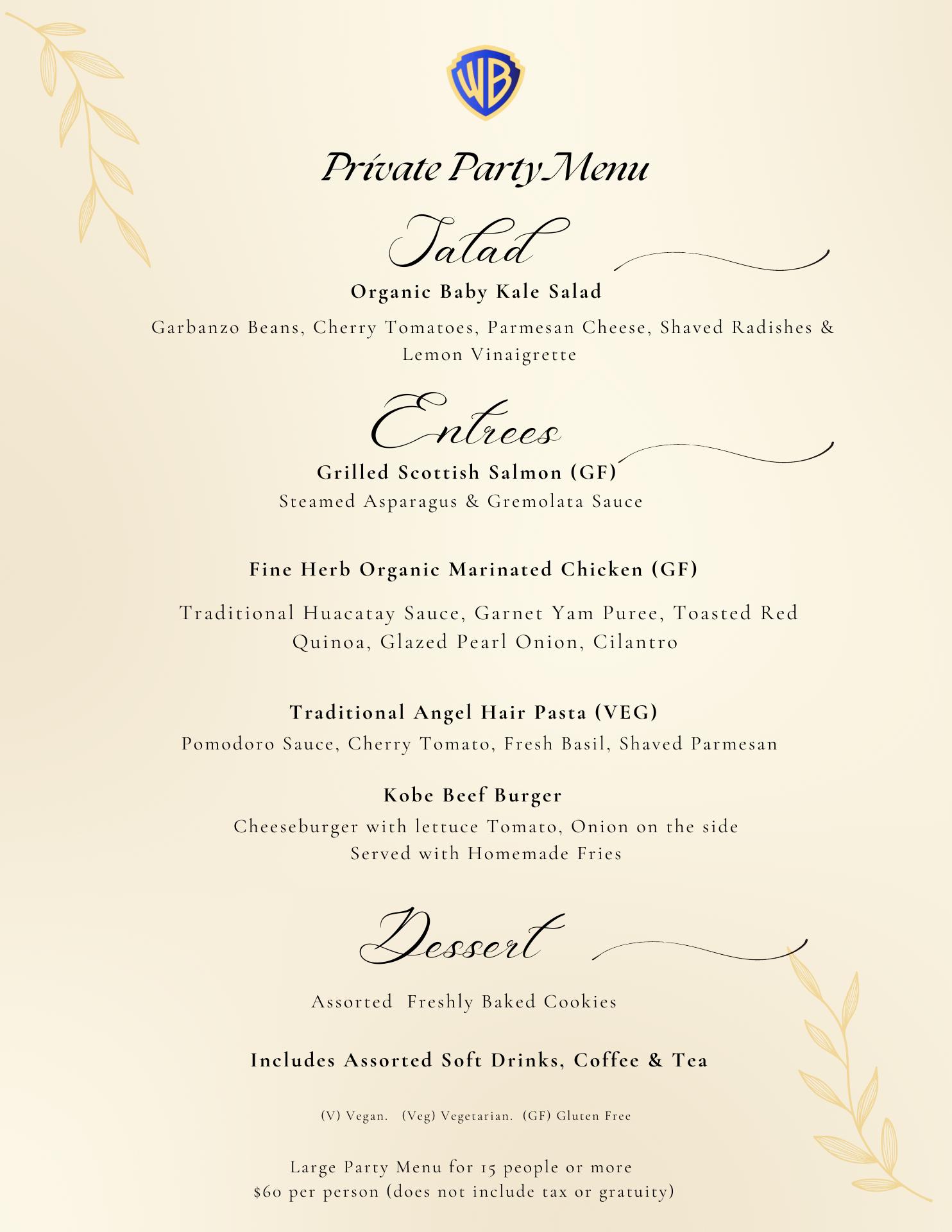 Warner Bros. Commissary Menu