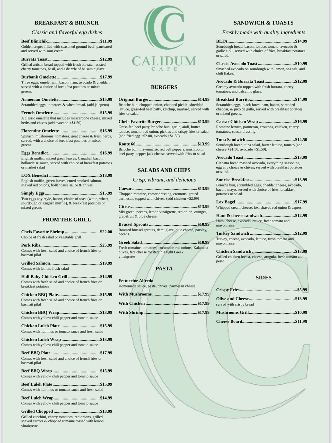 Calidum – Breakfast, Brunch & BBQ Menu