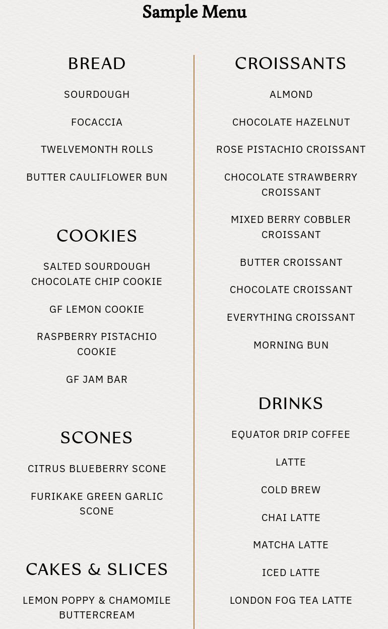 Twelvemonth Bakehouse Menu