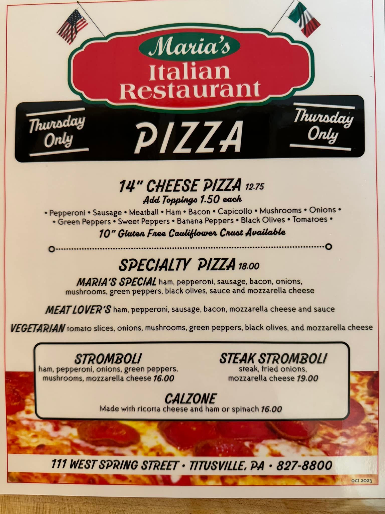 Maria's Italian Restaurant & Pizza Menu