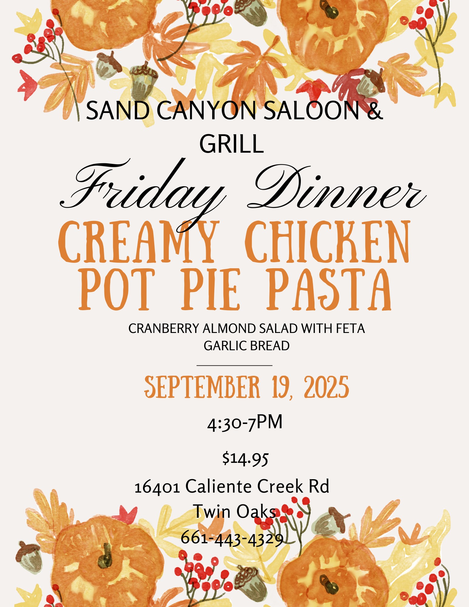 Sand Canyon Saloon & Grill Menu