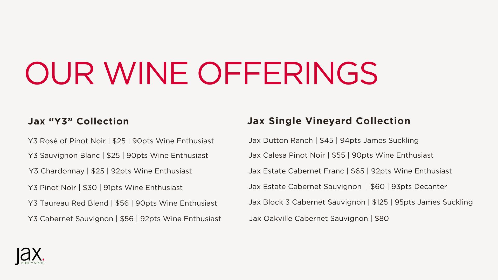 JAX Vineyards Menu