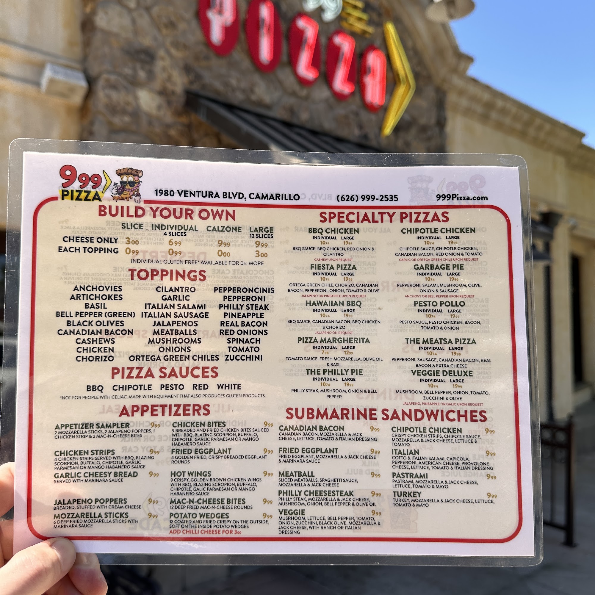 999 Pizza Menu