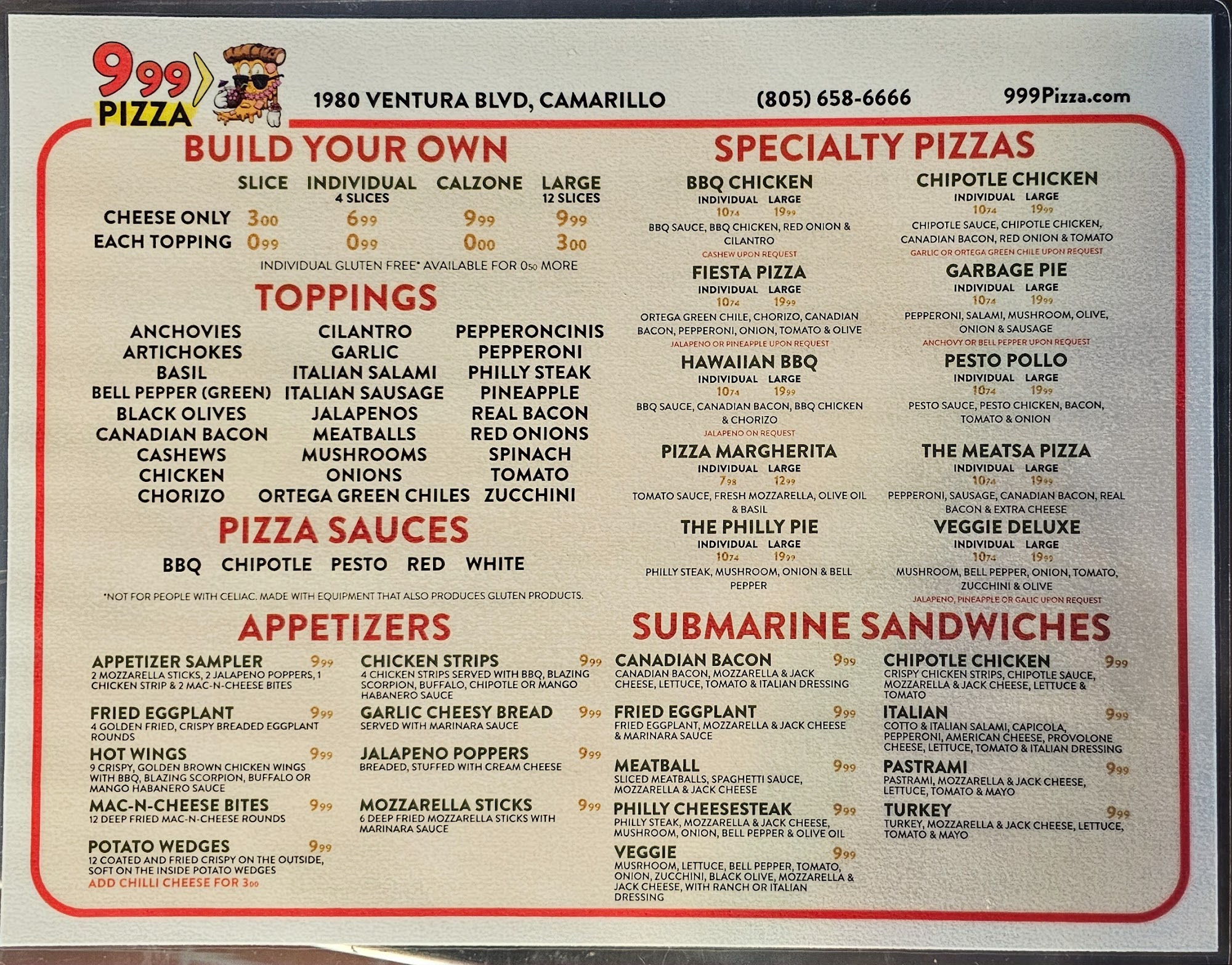 999 Pizza Menu