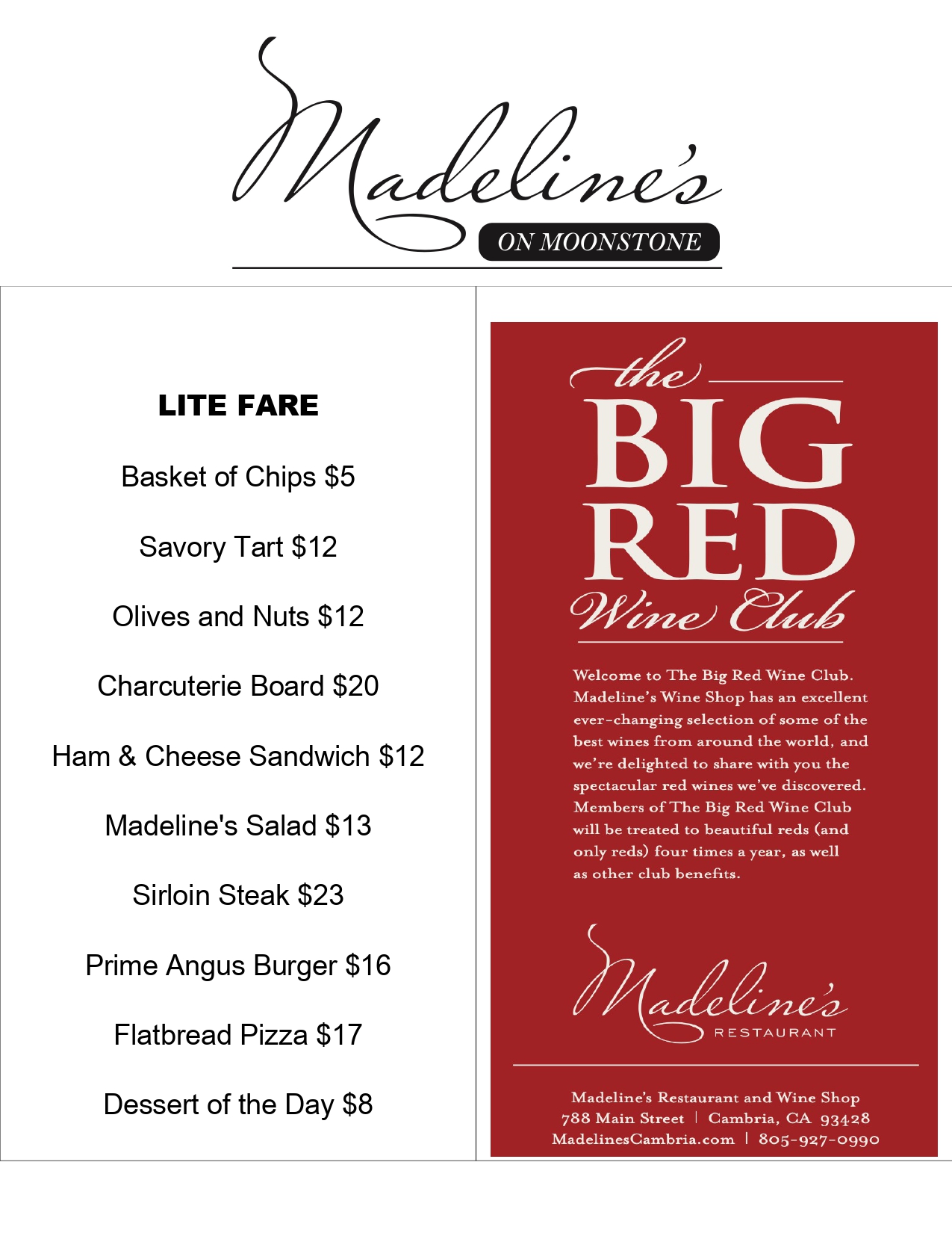 Madeline's on Moonstone - Wine Tasting Room Menu