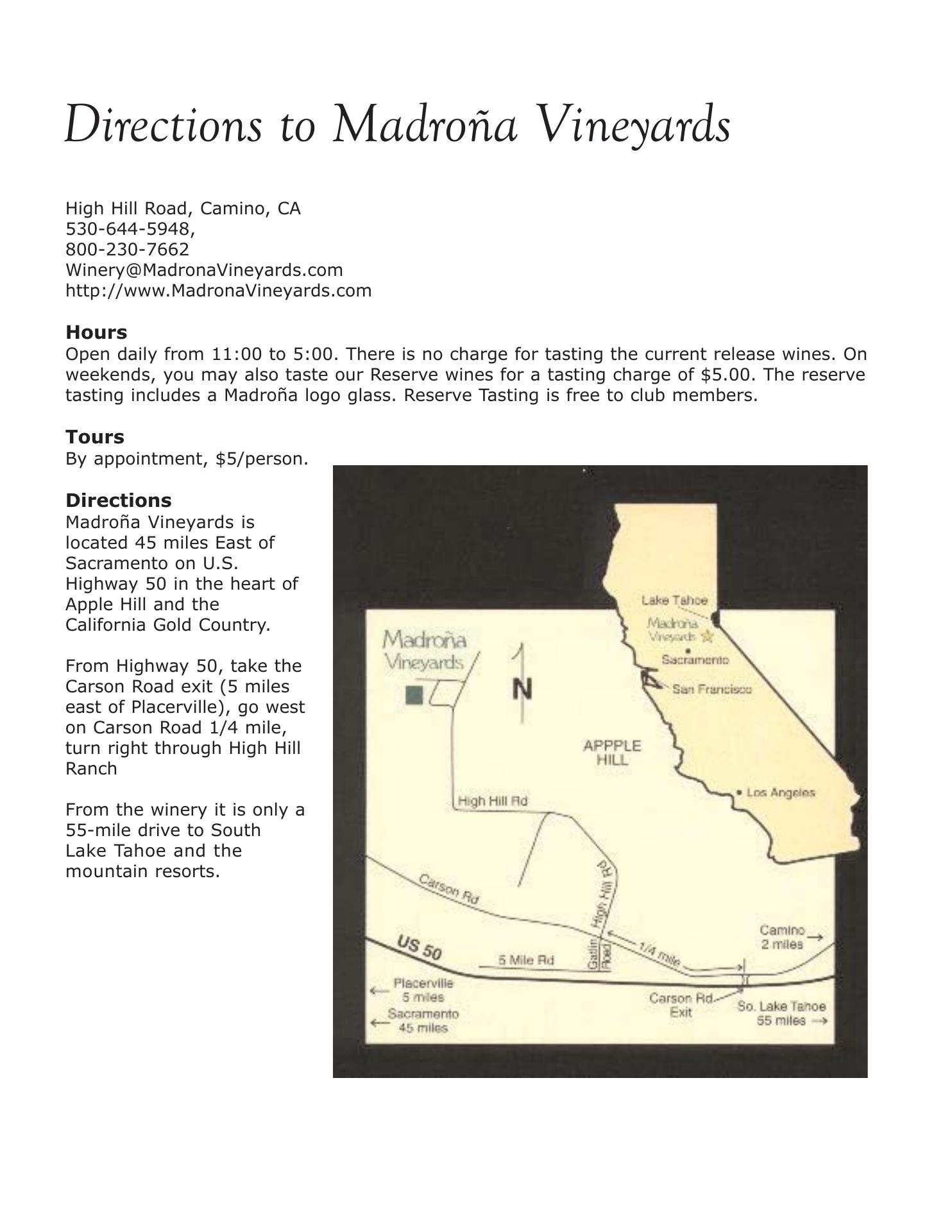 Madroña Vineyards Menu