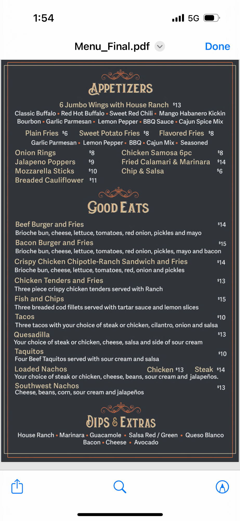 Sal's Pub & Grill Menu