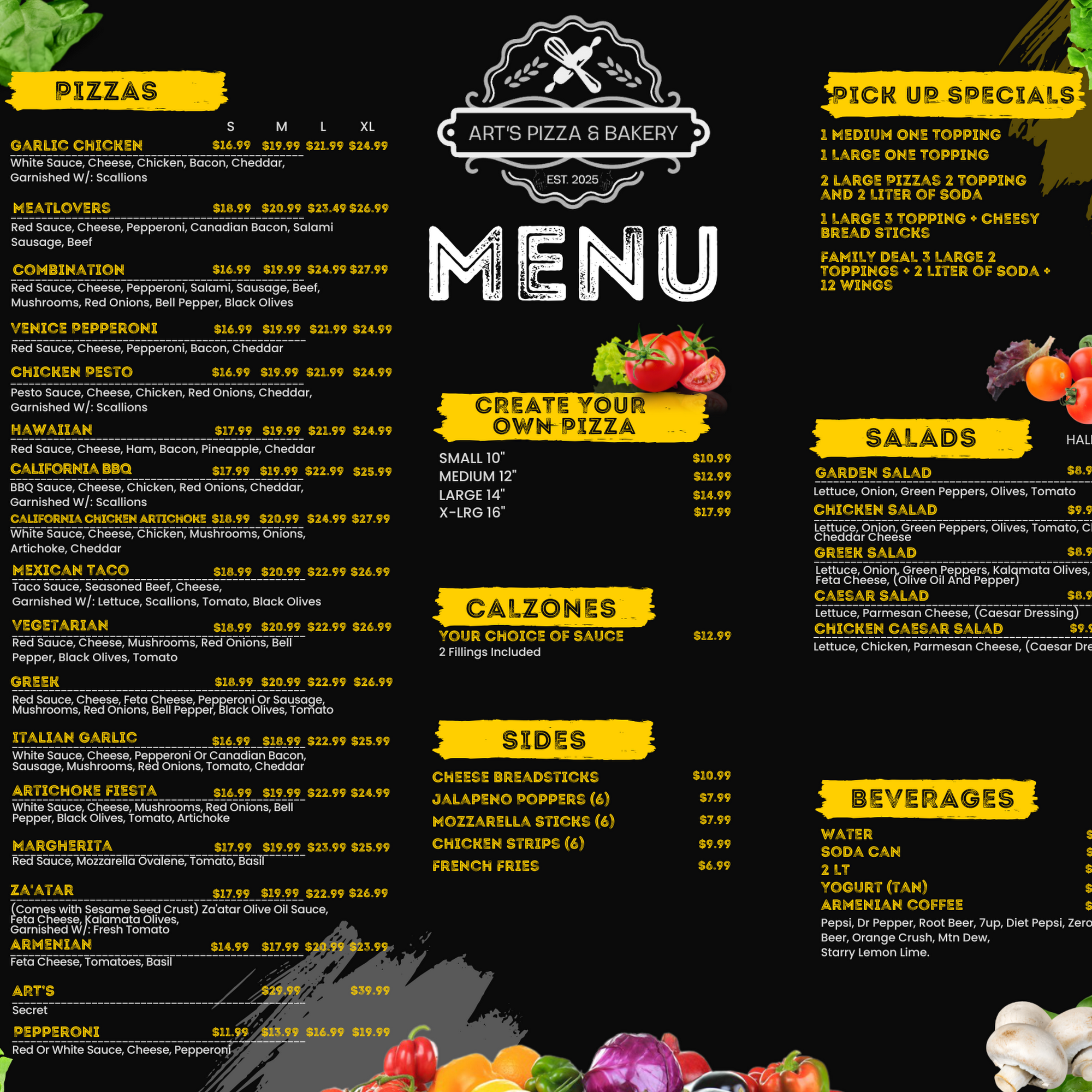 Art's Pizza & Bakery Menu