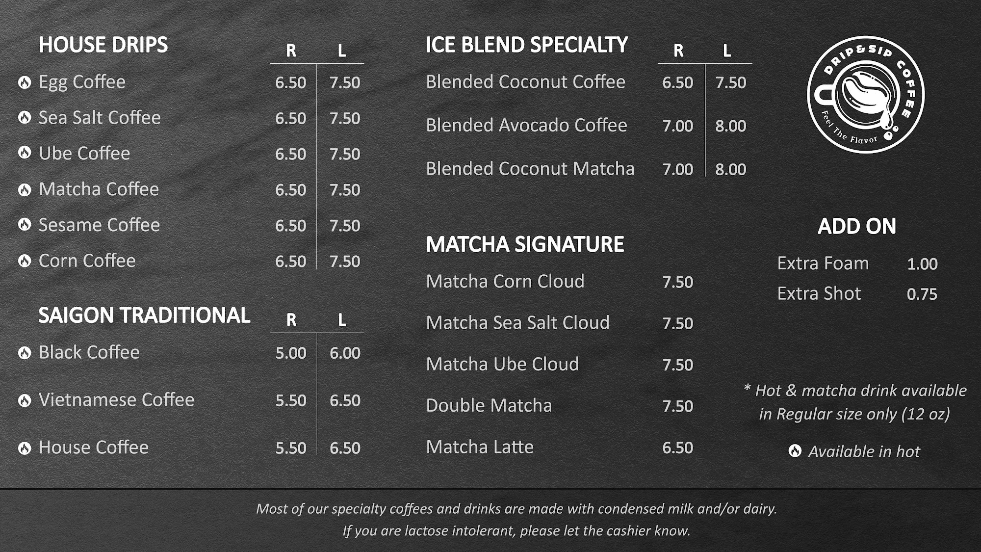 Drip & Sip Coffee Menu