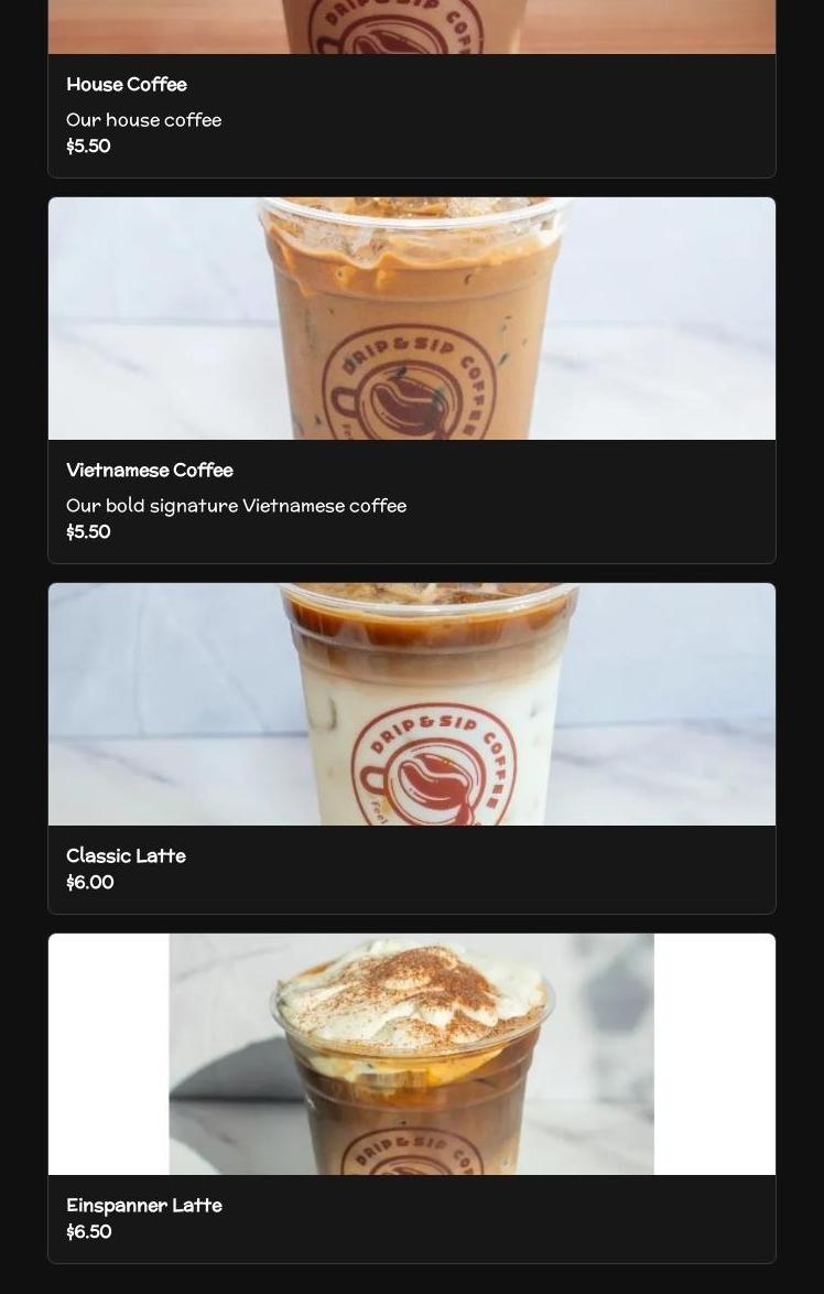 Drip & Sip Coffee Menu