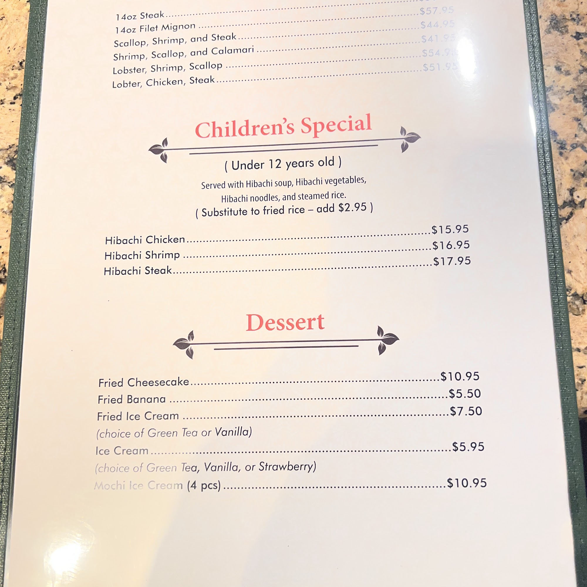 Okayama Steakhouse Menu