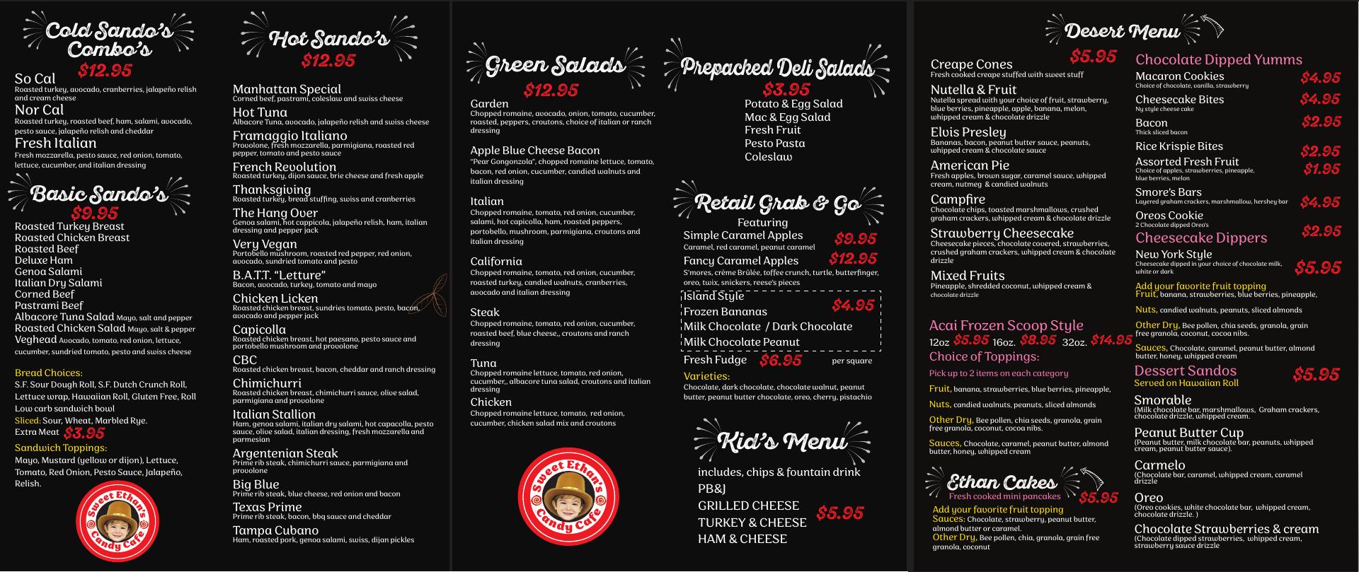 Sweet Ethans candy cafe Menu