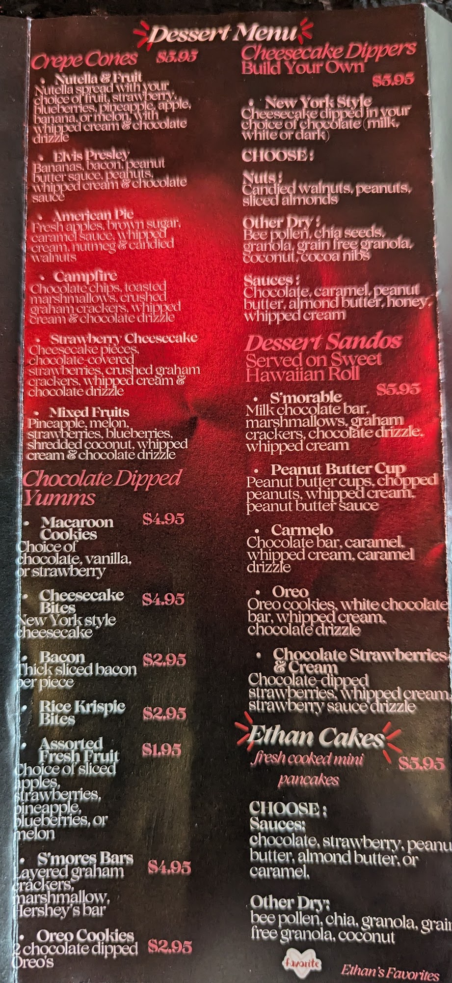 Sweet Ethans candy cafe Menu