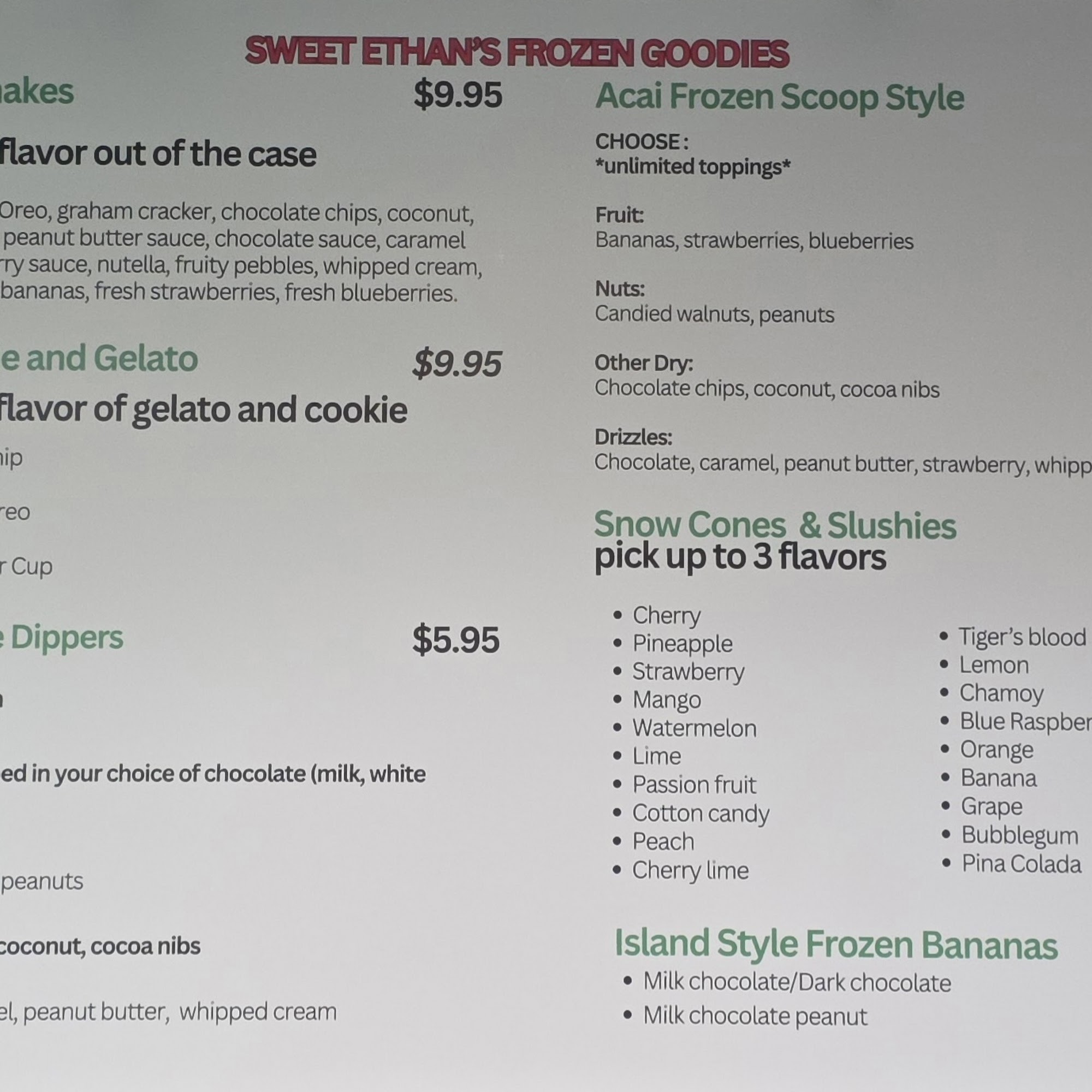 Sweet Ethans candy cafe Menu