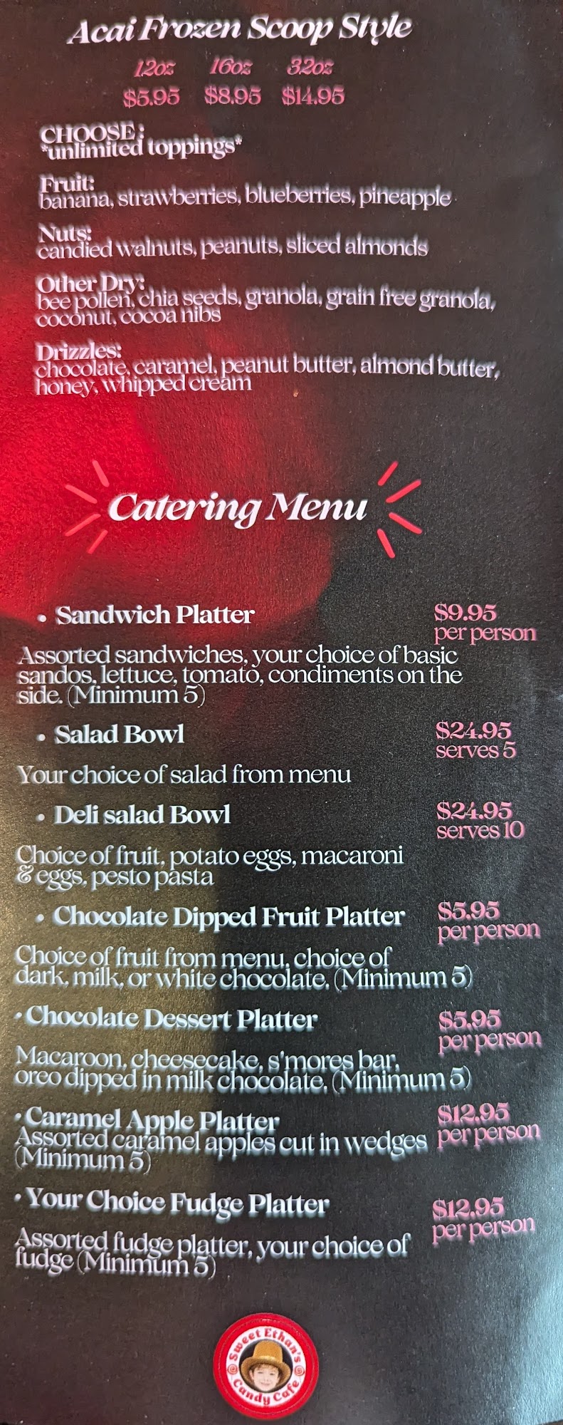 Sweet Ethans candy cafe Menu