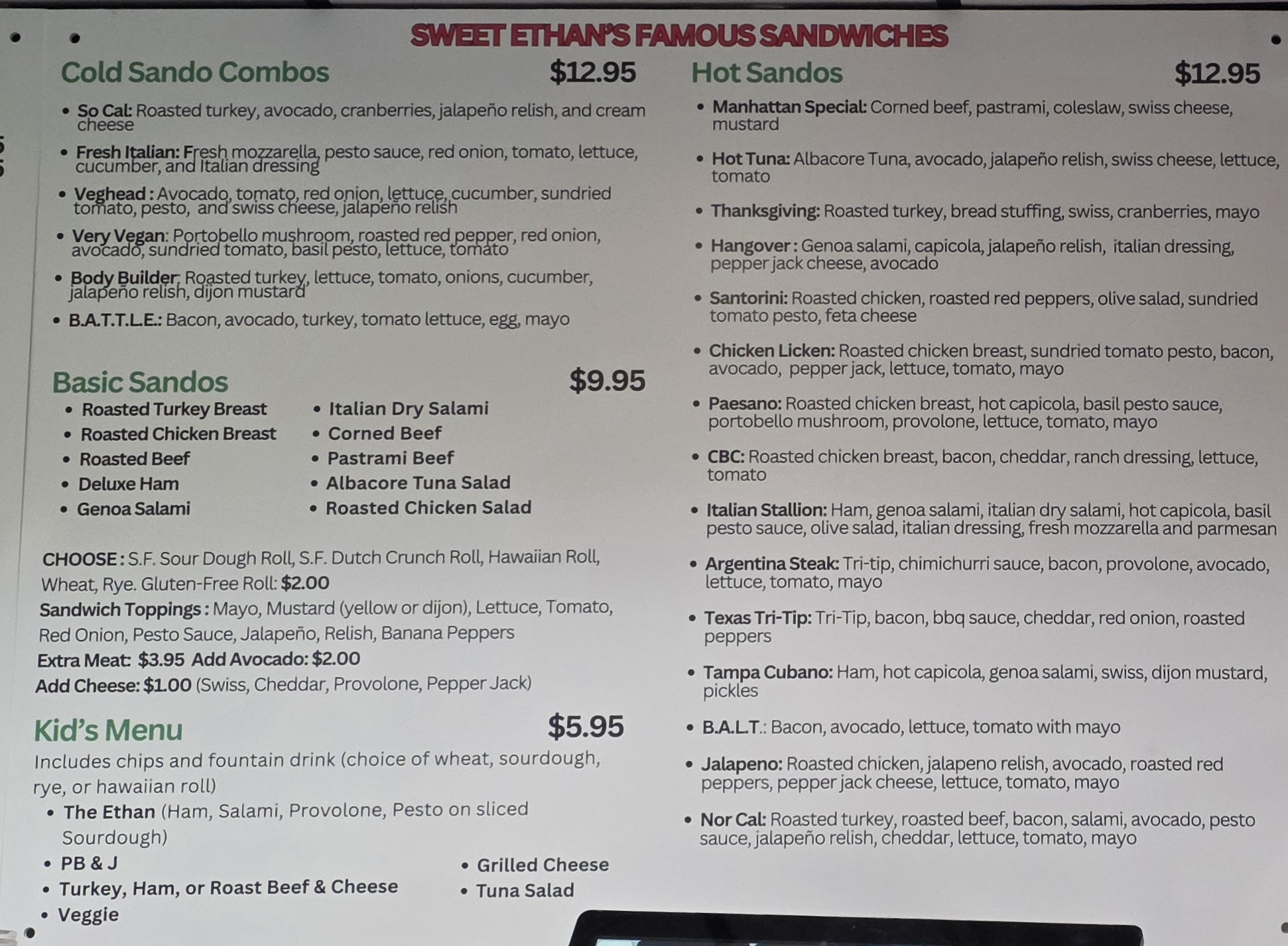 Sweet Ethans candy cafe Menu