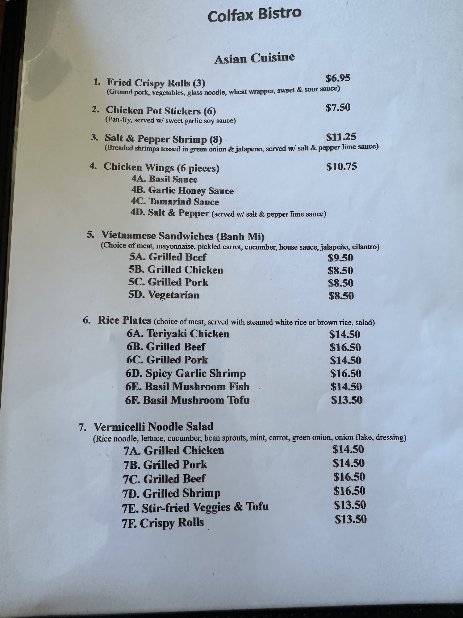 Colfax Bistro Menu