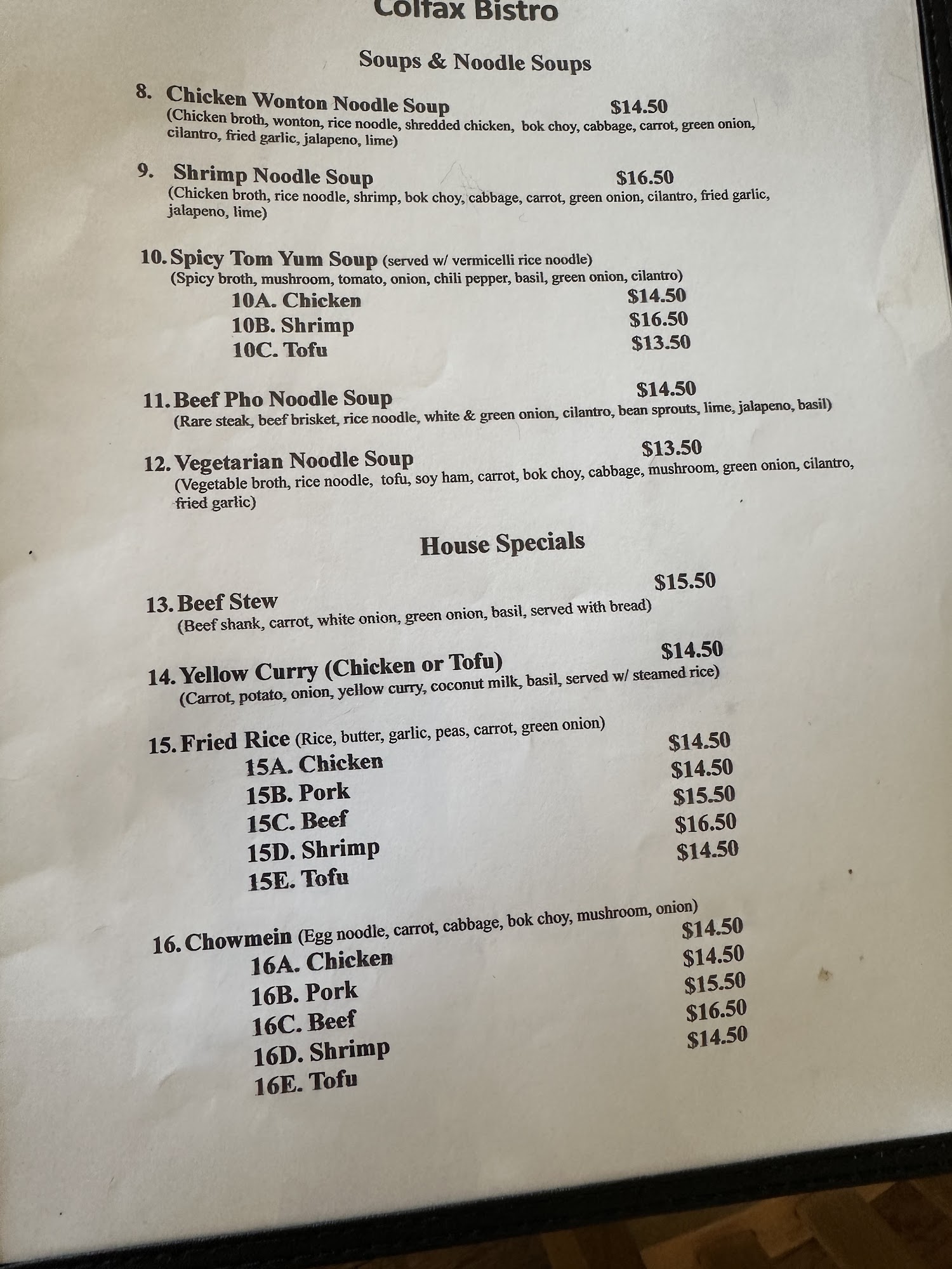 Colfax Bistro Menu