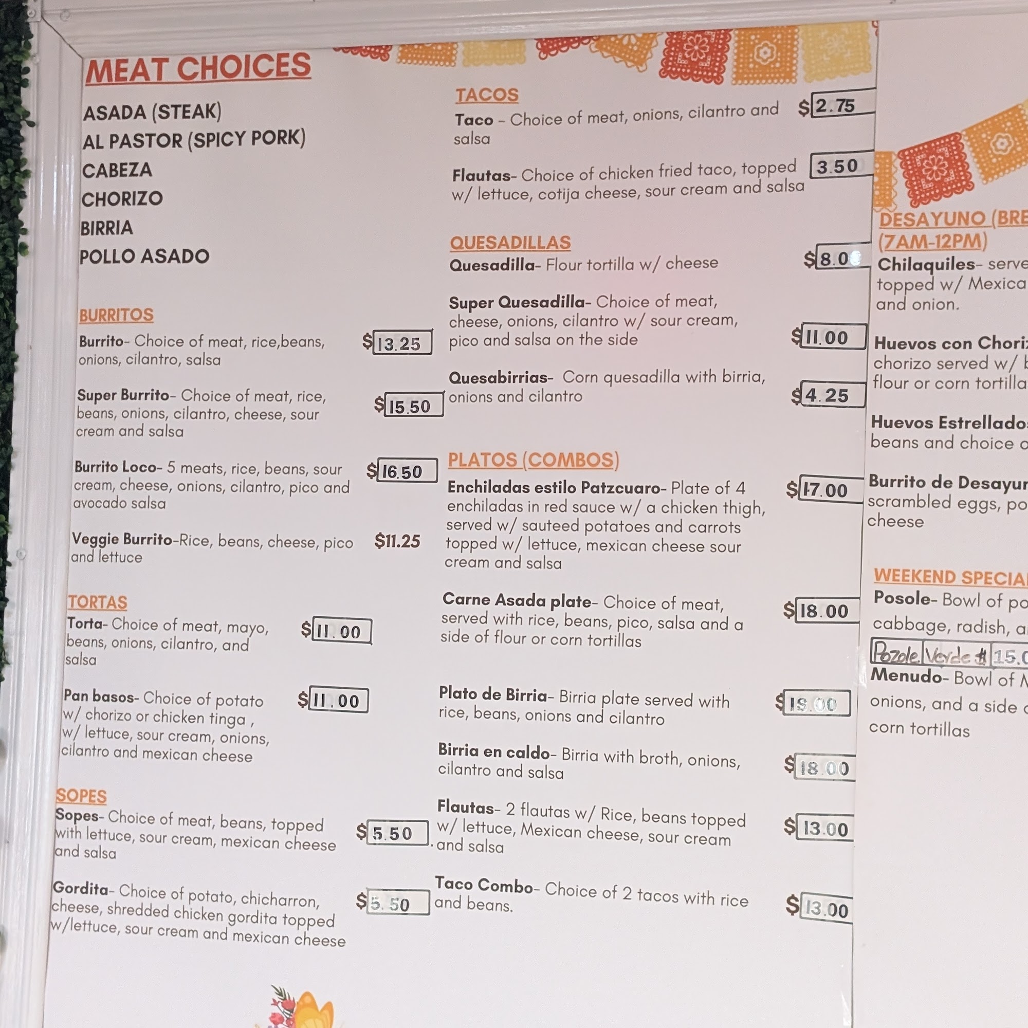 Mima’s Taqueria Menu