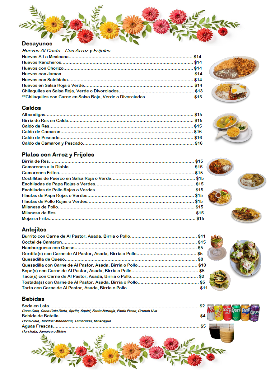 Tona's Restaurant Menu