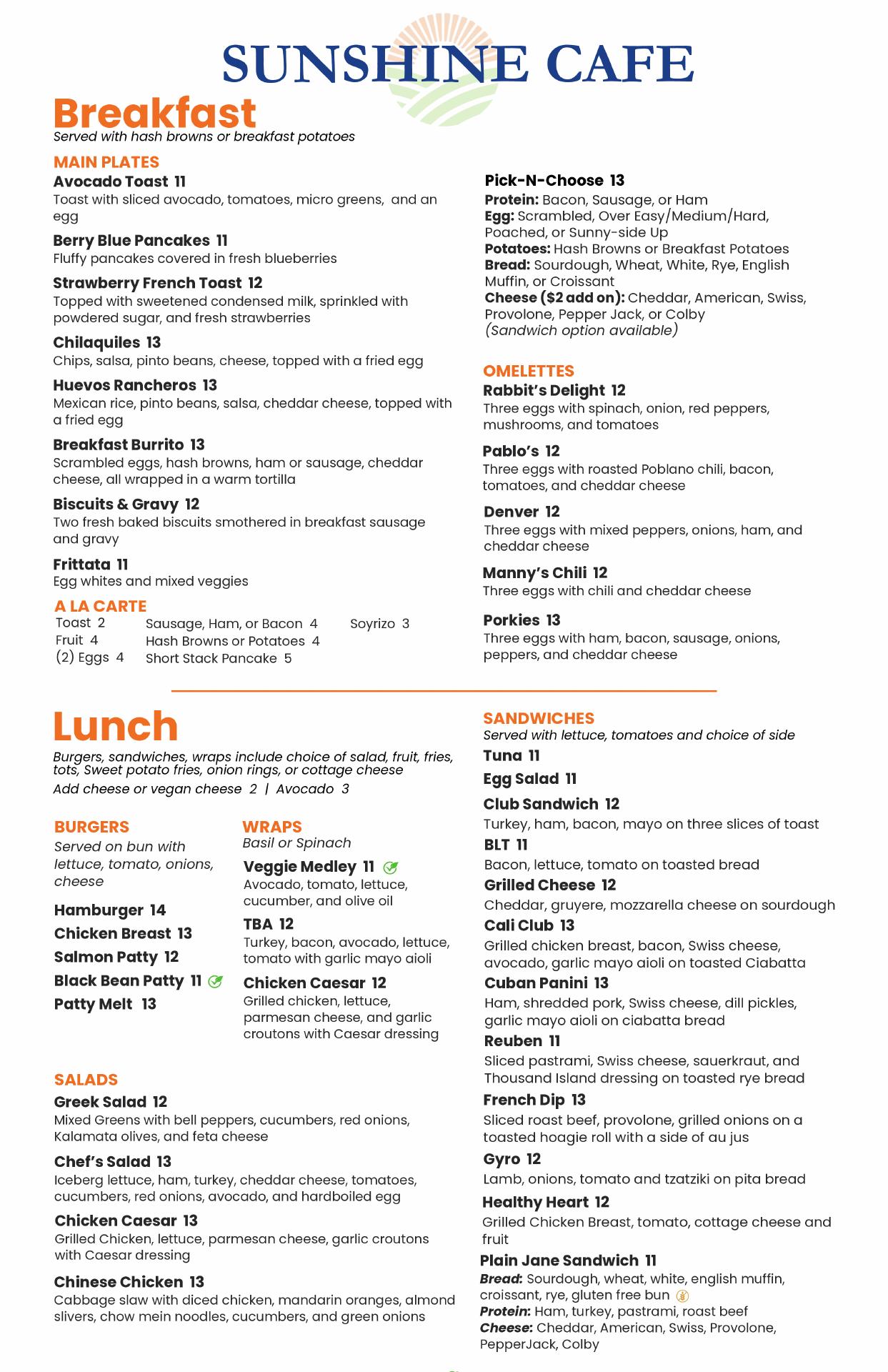 Sunshine Cafe Menu