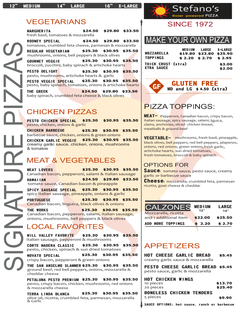 Stefano's Pizza Menu