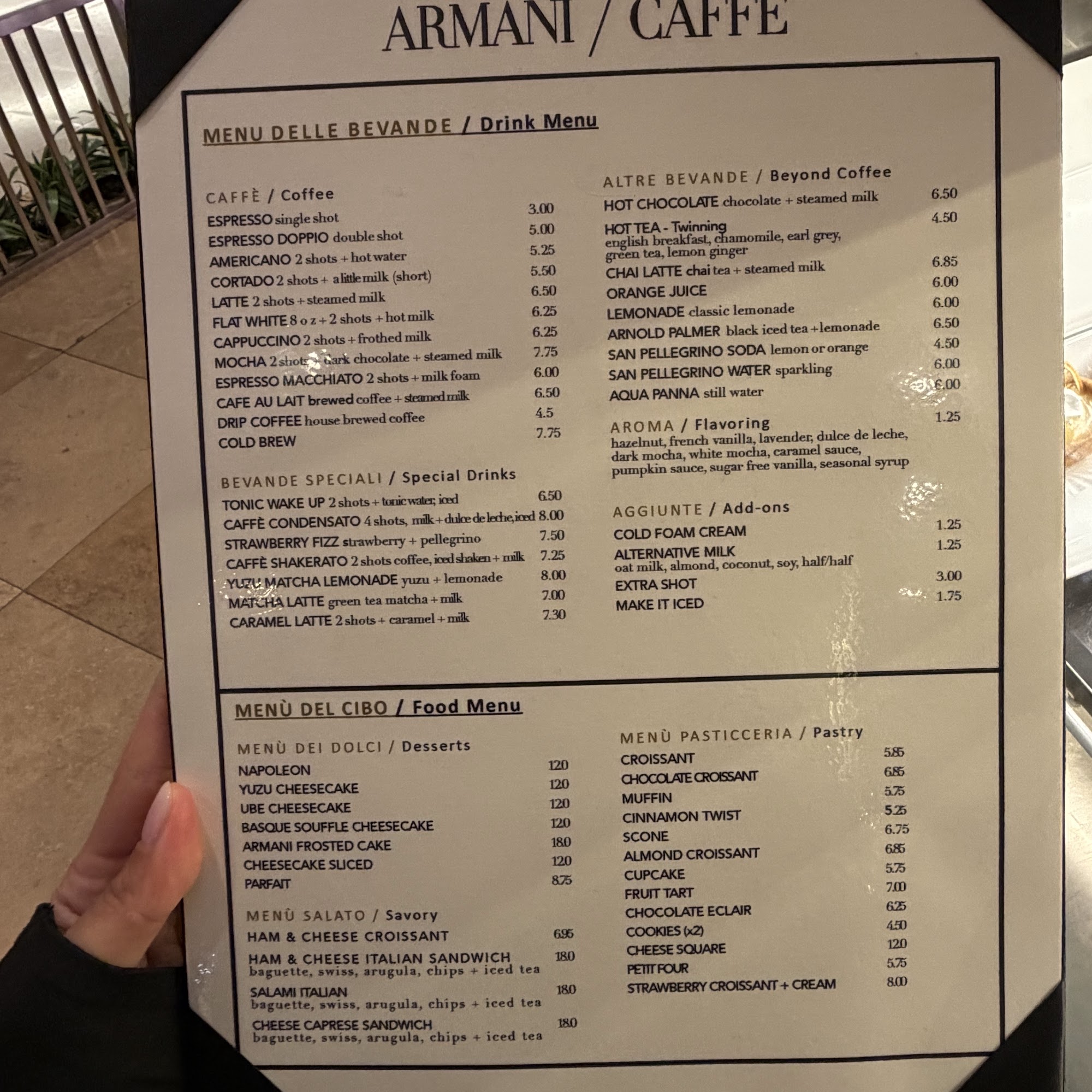 ARMANI CAFFÈ Costa Mesa Menu