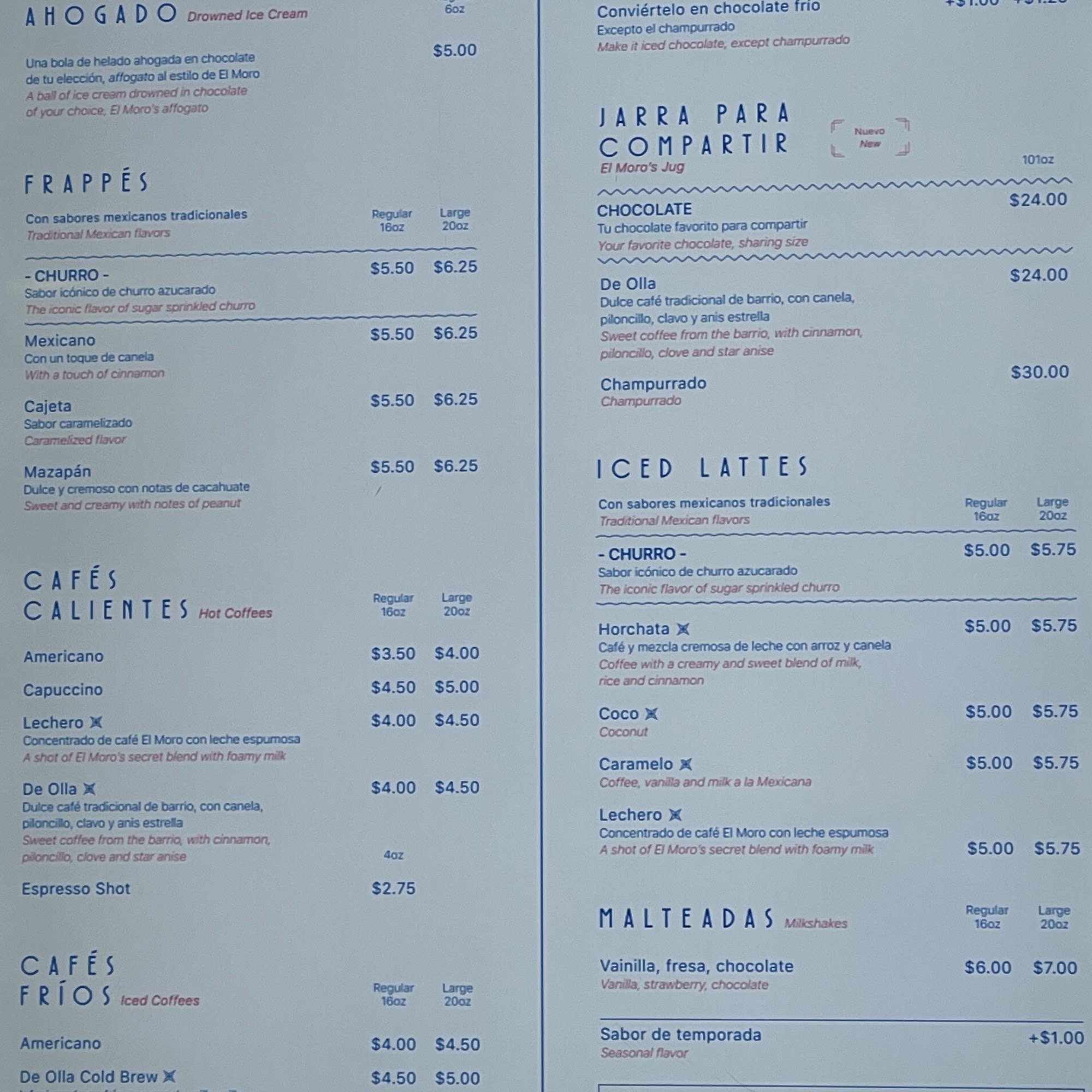 El Moro Churrería Menu